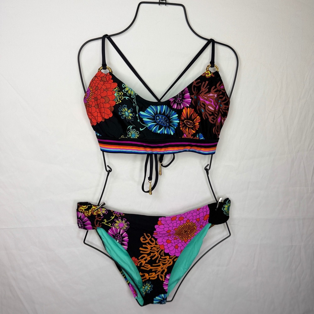 Trina Turk Bikini Swimsuit Women M Black Floral Rainbow Stripe Bralette Set